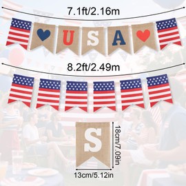2pcs USA Banner Burlap Bunting, 4th of July Memorial Day Garland Decorations Rustic Patriotic Banner Stars American Flag for Outdoor Indoor Hanging Decor Theme Party Supplies