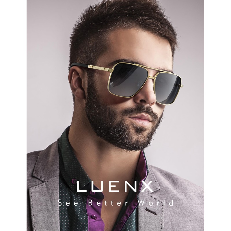 LUENX Polarized Square Aviator Sunglasses for Men, Trendy Retro Oversized