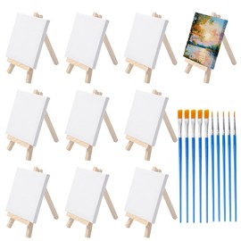 Neikafan Mini Canvas and Easel Set 10 Mini Easels with 10 4x4 Inch Canvas,10 Brushes,Mini Canvases with Wooden Easel for Kids and Artists for Craft Oil Acrylic Painting,Drawing Artis