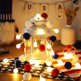 Tuanse 20 Memorial Day LED Pom Poms Fairy Light Independence Day Light String 5. 91 ft Red White and Blue Fur Ball Round Battery Operated String for July 4th Patriotic Party Home Bedroom Holiday Decor