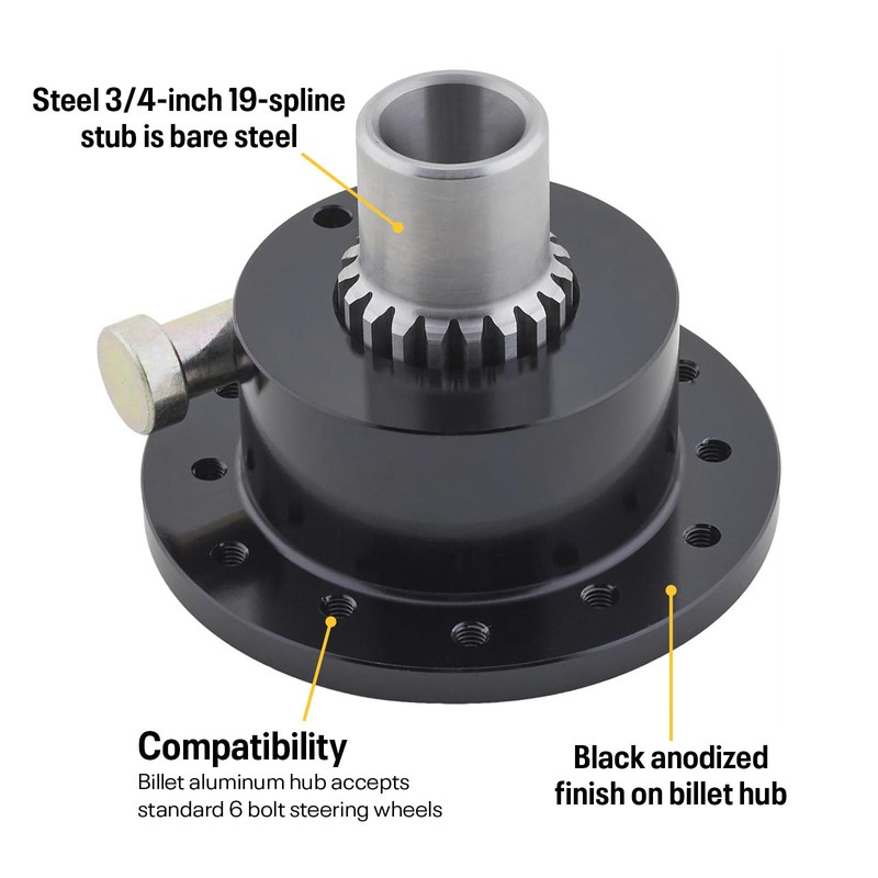 6-bolt Black Quick Release Steering Wheel Hub Splined, 3/4" shaft