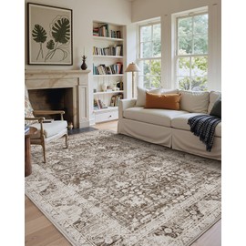 Color&Geometry 5x8 Machine Washable Low Pile Area Rugs for Living Room, Thin Soft Persian - Vintage Distressed Area Carpet with Non Slip TPE Backing for Bedroom, Dining Room, Beige and Brown