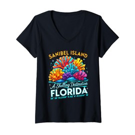 Womens Sanibel Island Florida Shelling Coral Beach Design V-Neck T-Shirt