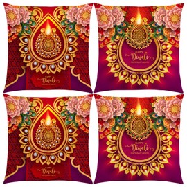 Nepnuser Happy Diwali Throw Pillow Covers 18x18 Set of 4 Deepavali Peacock Indian Festival of Lights Party Decoration for Bed Couch Sofa Home Decor