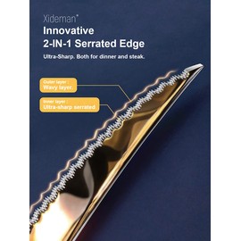 Xideman Innovative Ultra-Sharp 2-IN-1 Serrated Forged Knife For Dinner and Steak. 6 Piece High carbon Stainless Steel Steak Knife Sets, 9.14" Hammered Solid Handle Dinner Knives. (Black)