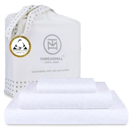 Threadmill Egyptian Cotton Twin XL Sheet Set | 100% Certified Egyptian Cotton Sheets for Twin XL Size Bed | Damask Jacquard Twin XL Bed Sheets Deep Pocket | Soft Hotel 3 Pc Cooling Sheet Set | White