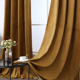 Timeper Gold Velvet Curtains 84 inches - Retro Style Brownish Gold Blackout Curtains Grommet Velvet Drapes for Parlor/Farmhouse, Gold Brown, W52 x L84, 2 Panels