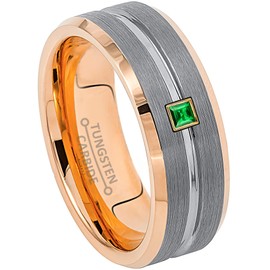 0.05ctw - 0.10ctw Princess Cut Tsavorite Birthstone Tungsten Ring - Two-Tone Grooved Rose Gold Band Tungsten Carbide Mens Wedding Band - January Birthstone Ring - RG Bezel