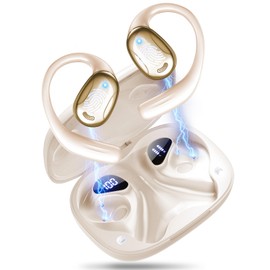 KURMIZU Wireless Earbuds, Bluetooth 6.0 Headphones with Big Bass Stereo Sound, 75H Playtime Over-Ear Buds with Earhooks, LED Power Display IPX7 Waterproof Earphones for Workout/Running, Champagne