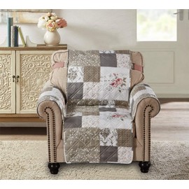 Brilliant Sunshine Rose and Toile Patchwork Quilted Chair Slipcover, 23" Seat Width, Slip Resistant Furniture Protector, 2" Strap, Washable Armchair Cover for Pets, Kids, Dogs, Cats, Rose Grey