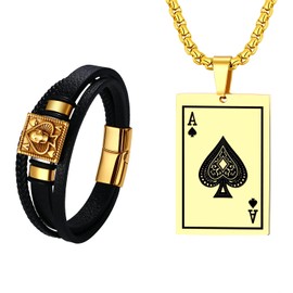 OIDEA Men's Necklace Bracelet Set, Stainless Steel Chain with Celtic Knot Cross Playing Card Pendant and Wide Bracelet Made of Real Leather, Gold Silver, Stainless steel, leather