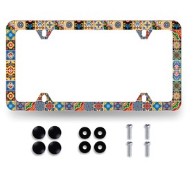 Mexican Tiles License Plate Frame Colorful Retro Tile Mexican Folk Pattern License Plate Funny Stainless Steel Accessory License Plate Cover Personalise Decoration with Screws 12.3" x 6.3" Women Men