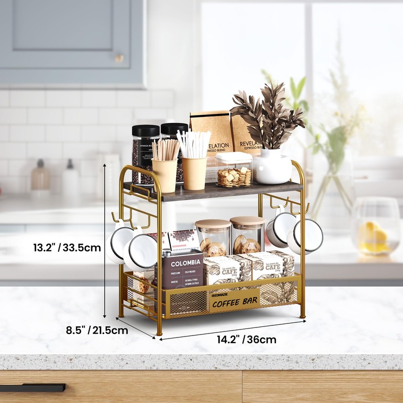 Coffee Bar Organizer for Countertop Station, Simple Assembly 2 Tier