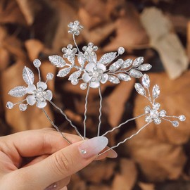IYOU Crystal Wedding Hair Pins Silver Flower Hairpieces Community Bridal Hair Accessories for Women (Pack of 3)
