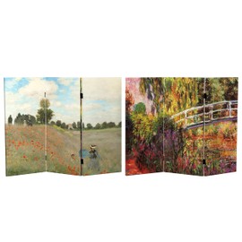 Red Lantern 3 ft. Short Double Sided Works of Monet Canvas Folding Screen 3 Panel Freestanding Partition and Separator for Modern and Contemporary Bedroom, Home Office, Studio, Dorm, Apartment