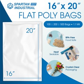 Spartan Industrial - 16” X 20” (100 Count) 1.1 Mil Flat Open End Clear Plastic Poly Bags - For Proofing Bread Dough, Packaging Clothes, Shirts (Thin & Lightweight - Bags DO NOT Have Seal)
