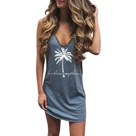 MHTOR Live Simple Coconut Tree Sleeveless Mini Dress Sunshine Sand Beach Mini Dress Women's Summer Casual V Neck Mini Dress(Small,Cyan)