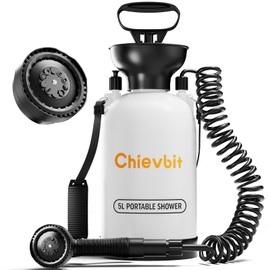 Chievbit Portable Camping Shower with 10 Spray Modes, Hand Press Outdoor Shower with 5L Tank, Removable Hose & Shoulder Strap, Beach Shower Pump for Hiking, Travel, Garden, Pet Bathing
