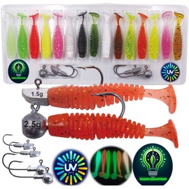 Njord Kalastus Twister Set Fishing 19 Pieces with Jig Hooks 15 Luminous Twister 4 cm Trout Bait Bass Bait Predator Fish Bait Set Target Fish Trout Perch Chub