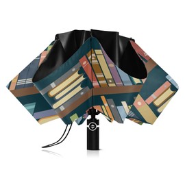 ALAZA Folding Umbrella Bookshelves Of Books Library Compact Travel Umbrella Automatic Open Close, Inverted Umbrella for Rain Windproof Sun Umbrella UV Protection Large Portable Reverse Umbrella