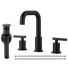 8 inch Widespread Bathroom Faucet with Drain and Supply Hose, Brushed Gold Lavatory Faucet for Sink 3 Hole Bathroom FaucetColor: Black, Surface Finishing: Stainless Steel