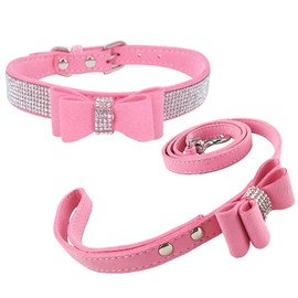 Newtensina Fashion Dog Collar and Lead with Bow Tie Bling Puppy Collar Leash with Bow for Dog - Pink - S