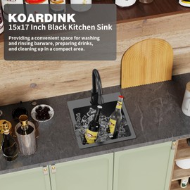Black Kitchen And Bar Sink, 15x17 Inch Stainless Steel Drop In Kitchen Sink Modern Single Bowl Topmount Bar Sink Combo-Silicon Mat,Drain Strainer Set Compatibility With Various Kitchen & Bar Style