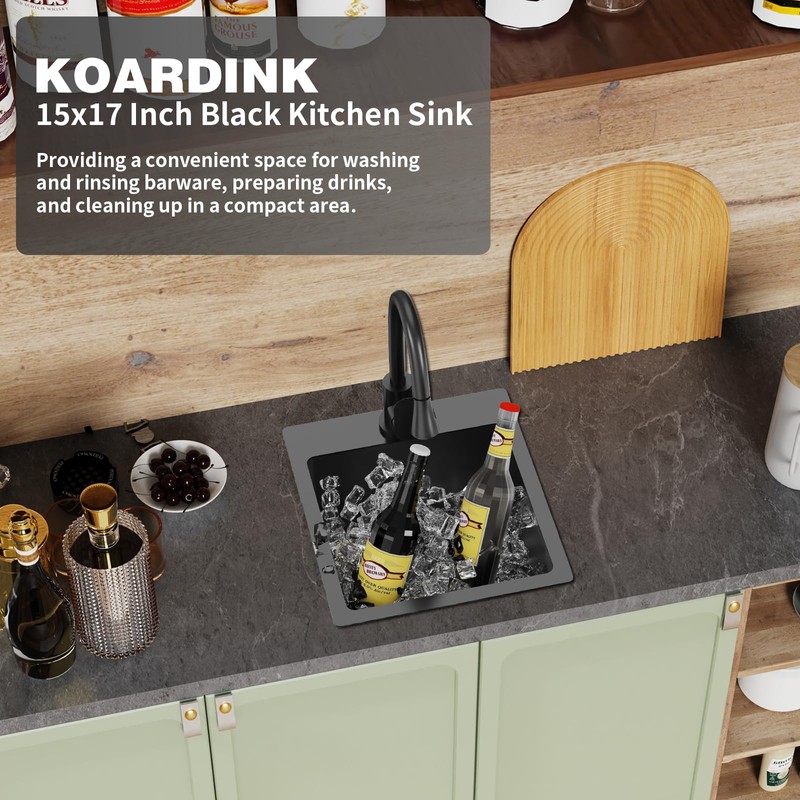 Black Kitchen And Bar Sink, 15x17 Inch Stainless Steel Drop