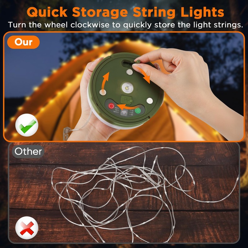YUNJAYI Retractable Camping String Lights, 33FT 3000 mAh Rechargeable 4