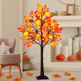 4 Feet Prelit Fall Maple Tree Thanksgiving Decorations with 60 LED Lights, Pinecone Pumpkin Light Up Maple Tree, Autumn Harvest Artificial Tree for Fall Thanksgiving Home Indoor Decor