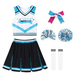 LOLANTA Children's Cheerleader Costume, Lake Blue Cheerleader Uniform with Pompoms, Socks, Headpiece, Carnival Cheerleading Costume for Girls (5-6 Years, Day 120)