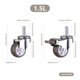 Furniture Castors M8, Castors for Röbel M8, M8 Castors 2 Castors without Brake + 2 Castors with Brake, Heavy Duty Castors M8, Swivel Castors with M8 Thread, Set of 4