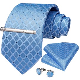 DiBanGu - Juego de gemelos cuadrados de corbata de seda y bolsillo para hombre, azul, (Sky Blue Plaid), Talla única
