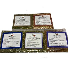 A Spice Above A Blend Above Olive Oil Dip Mix, Best Sellers - Roasted Garlic, Tomato Black Olive, Pesto, Balsamic Spinach Parmesan, and Bruschetta