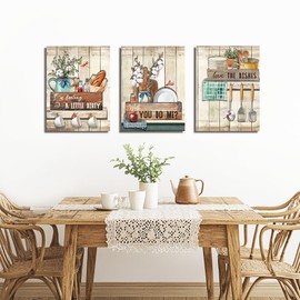 3Pcs I Am Feeling A Little Dirty Will You Do Me Love The Dishes Sign Canvas Wall Art, 12"x16" Rustic Farmhouse Funny Kitchen Quotes Printing Artwork for Kitchen Living Room Dining Room Wall Decor