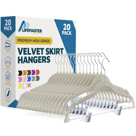 Lifemaster Velvet Skirt Hangers – with Adjustable Clips, 360 Degree Swivel Hook, and Non-Slip Shoulder Notch, Holds Up to 10 lbs, for Organizing Skirt, Pants, Dress, and Clothes, Pack of 20, Ivory