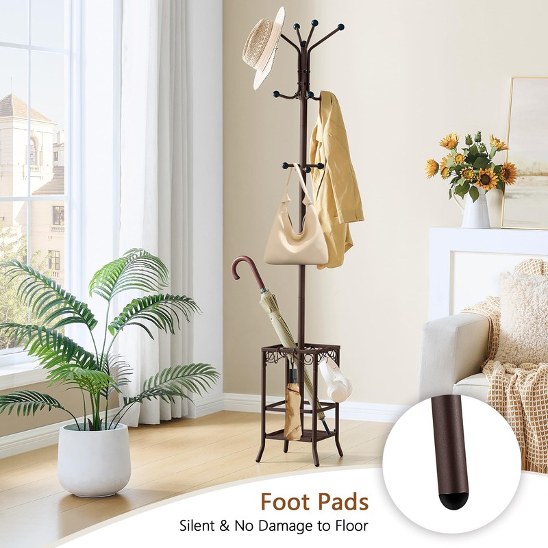 Hoctieon Coat Rack Freestanding, Coat Tree with Umbrella Holder, Metal