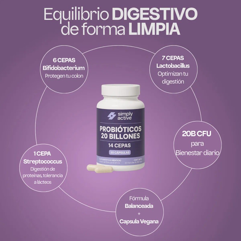 SIMPLY ACTIVE Probioticos 20 Billones CFU Probiticos 14 Cepas -