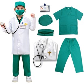 VNNOPG Kids Doctor Costume Doctors Nurse Outfit Set Child Role Play Costumes Fancy Dress Up Playsets with Lab Coat，Stethoscope，Mask and Scrubs Costume(120)