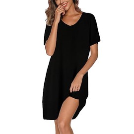 Kabento Nightgowns for Women Cotton Sleep Shirts Short Sleeve Sleepwear, Black, XX-Large
