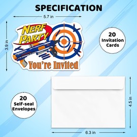ERHACHAIJIA 20 PCS Nerf Gun Shaped Fill-In Invitations Cards With Envelopes, Funny Sweet Nerf Party Game Dart War Birthday Nerf Gun Battle Theme Party Invites For Boys Teens Adults Nerf Lover