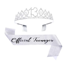 Topfunyy 13th Birthday Tiara and Sash Set - Teen Sash, Silver Crystal Crown, Birthday Gift for Girls, 13th Birthday Party Supplies