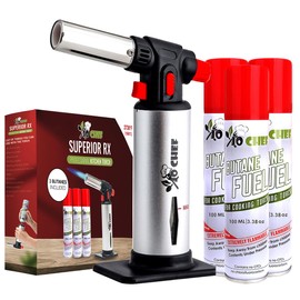 Jo Chef Kitchen Torch With Butane included, Refillable Butane Torch, Creme Brulee Torch, Blow Torch Lighter gun With Safety Lock & Adjustable Flame, 3 Cans (3.38oz) Included