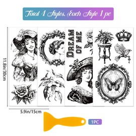 GLOBLELAND 4 Sheets Black and White Sketch Rub on Transfers Retro Woman Frame Furniture Decor Transfers Flowers Birds Decal Transfers Stickers for Bedroom Living Room Desk Table Decoration