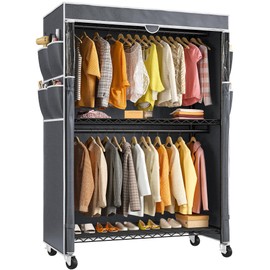 Raybee Clothes Rack with Cover, 81" H Clothing Racks for Hanging Clothes, Portable Closet with Wheels, Heavy Duty Garment Rack with Side Pockets and Adjustable Feets, Max Load 440LBS, Black