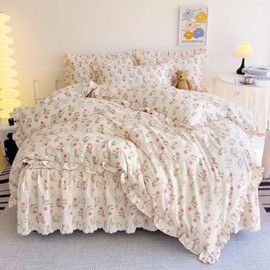 EAVD French Garden Style Ruffle Pink Flower Duvet Cover King Soft Cotton Shabby Chic Pink Flower Bedding Set with 2 Pillowcases Romantic Botanical Print Duvet Cover with Zipper Closure