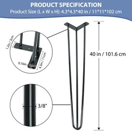 Hairpin Table Legs 40 Inch, Metal Coffee Table Legs, Industrial Home DIY Projects for Furniture, Hairpin Desk Legs 3 Rods for Bench Desk Dining End Table Chairs with Rubber Floor Protectors, 4PCS