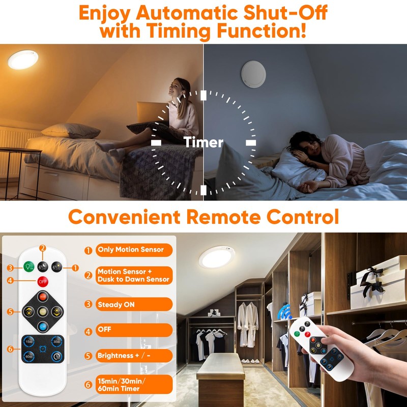 Rechargeable Motion Sensor Ceiling Light with Remote, Battery Operated Closet