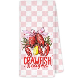 JINYO Crawfish Towels, Coquette Pink Bow Lobster Checkered Hand Towels for Bathroom Kitchen, Pink and White Plaid Crawfish Season Decorative Dish Tea Towels, Seafood Boil Party Supplies, 16x24 Inch