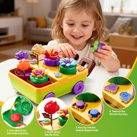 JUKUDAHU 50PCS Play Clay Set Blooming Flower Garden Toy Playset for Kids 3-5, DIY Nature Kits, Pretend Kitchen Toys Accessories with Cart, Toy Dishes, Gifts for Girls Boys Toddlers Ages 3 4 5 6 7 8 9